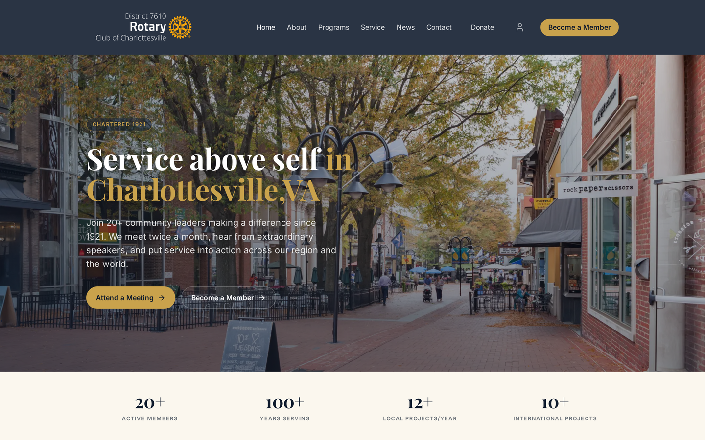 Homepage of charlottesvillerotary.org, the Rotary Club of Charlottesville website built with ClubTree